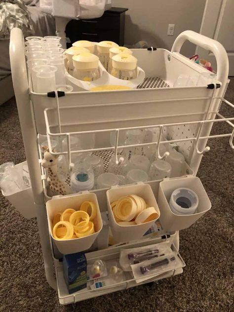 Clever Baby Bottle Organization Ideas - One Sweet Nursery Rolling Cart For Nursery, Baby Trolley Organiser, Rolling Cart Organization Baby, Organizing Baby Bottles In Kitchen, Baby Bottle Storage Kitchen, Breastfeeding Cart Organization, Baby Cart Organize, Newborn Rolling Cart, Organize Baby Bottles