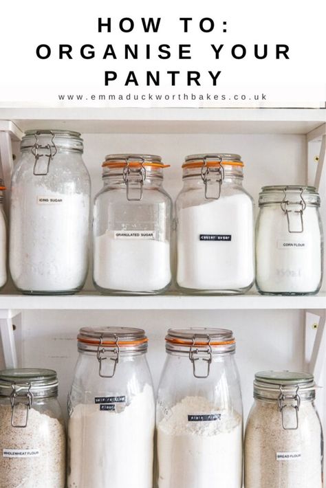 How to organise your baking pantry. Tips and tricks along with food storage ideas to de-clutter your baking pantry. Create a perfectly organsised baking pantry to eliminate rummaging for your ingredients. By Emma Duckworth Bakes Baking Pantry, Baking Organization, Baking Cupboard, Baking Storage, Pantry Jars, Food Storage Ideas, Recycled Jars, Dry Food Storage, Set Yourself Up For Success