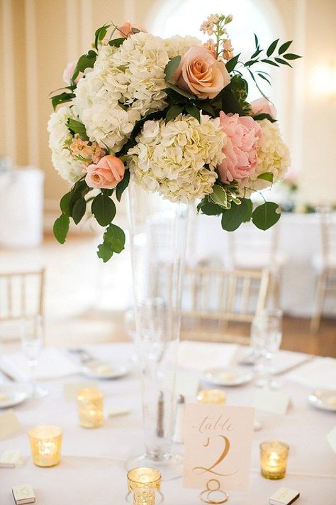 Tall Glass Trumpet Vase Centerpiece with Roses, Greenery and Hydrangea // blush, pink, rose gold, gold, ivory, white, wedding, classic, romantic Trumpet Vase Centerpiece, Glass Trumpet Vase, Cheap Wedding Table Centerpieces, Glass Vases Centerpieces, Vase Centerpiece, Tall Wedding Centerpieces, Unique Wedding Flowers, Wedding Floral Centerpieces, Flower Centerpieces Wedding