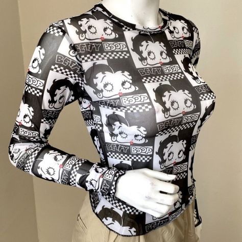 Semi Sheer Mesh Top With Lettuce Edge Trim + An All Over Betty Boop Graphic Print. Sheer Mesh Top, Long Sleeve Layer, Fishnet Top, Ribbed Shirt, Black Long Sleeve Top, Black Turtleneck, Mesh Long Sleeve, Black White Fashion, Girls Long Sleeve