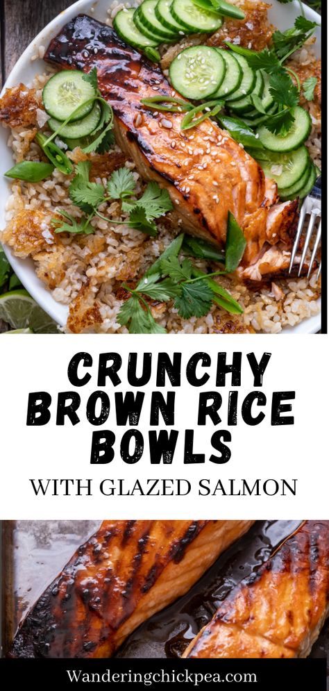 These brown rice bowls are the perfect healthy lunch or weeknight dinner, with crispy brown rice, oven baked salmon and a creamy tahini dressing. Completely dairy free, gluten free and pescatarian, these brown rice bowls are nourishing, satisfying and easy to make any night of the week. Healthy Dinner Recipes Lactose Free, Pescatarian Dairy Free, Vegetarian Recipes Dinner Dairy Free, Healthy Dinner Recipes For Family Dairy Free, One Bowl Dinner Recipes, Healthy Dinner Recipes Non Dairy, Fish Lunch Ideas Healthy Meals, Healthy Recipes Gluten Free Dairy Free, Gluten And Dairy Free Meals Dinner Ideas