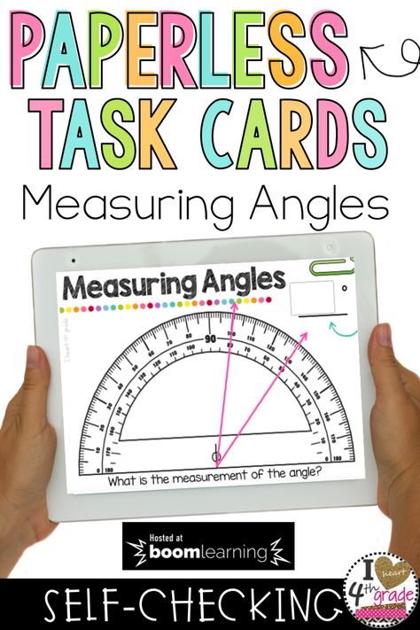 Measuring Angles | Angles on a Protractor | Angles Math Centers | 4th grade math centers | 4th grade geometry | Angles Geometry | Boom Cards for 4th Grade | This set of digital self checking task cards will help students practice measuring angles on a protractor. Aligned to 4th grade standards. ($) Teaching Angles, 4th Grade Geometry, Measure Angles, Angles Math, Teacch Tasks, Teaching Math Elementary, Math Rotations, Measurement Activities, Measuring Angles