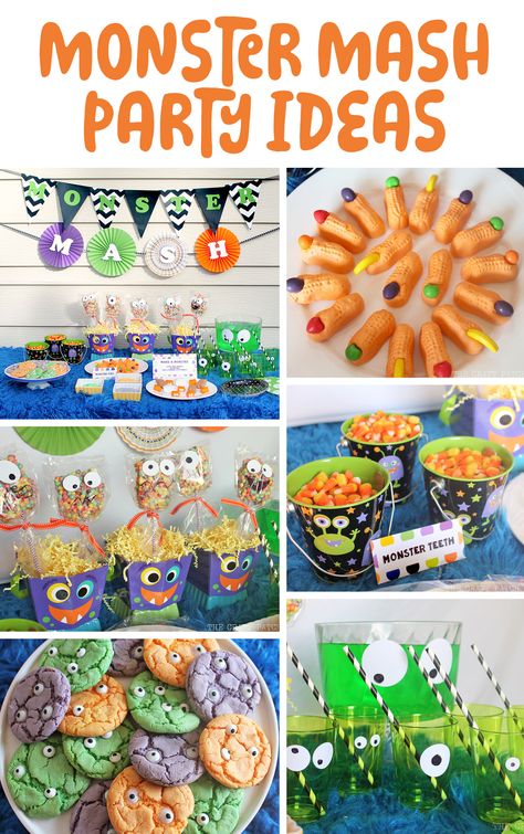 Monster Mash Theme Party, Monster Mash Party Food, Monster Mash Decor, Monster Mash 1st Birthday Party, Halloween Themed Kids Birthday Party, Monster Birthday Food Ideas, Monster Bash Halloween Party, Monster Mash Halloween Party Decorations, Monster Mash First Birthday Party