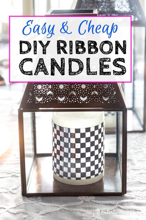 These DIY ribbon candles are an easy and inexpensive way to customize plain pillar candles to match any party or holiday decor. #entertainingdiva #candles #partydecor #parties  #babyshower #diypartydecor Decorating Pillar Candles, Candle Pillars Decor, Candles With Ribbon, Easy Homemade Candles, Candle Embellishments, Pillar Candles Wedding, Pillar Candle Decor, Candle Ribbon, Easy Party Decorations