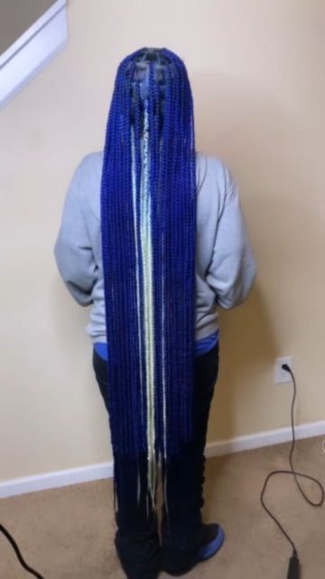 Blue Bohemian Knotless Braids, Blue Knotless Braids With Curls, Royal Blue Knotless Braids, Blue And Blonde Knotless Braids, Blue Knotless Braids With Beads, Light Blue Knotless Braids, Long Colored Braids, Dark Blue Knotless Braids, Long Blue Braids