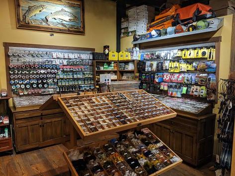 Bait And Tackle Shop Ideas, Fishing Tackle Room, Fishing Man Cave, Fly Fishing Bag, Bait Shop, Fish Store, Fly Tying Desk, Hunting Shop, Gear Room