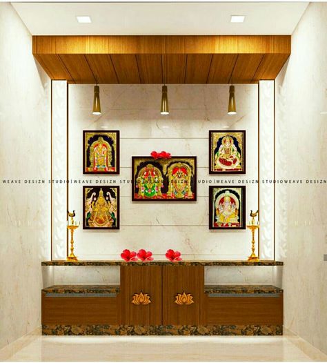 Pooja Room Photos Arrangement, Pooja Room Ideas Indian, Photos On Wall, Temple Room, Pooja Door Design, Altar Design, Temple Design For Home, Modern Cupboard Design, Pooja Mandir