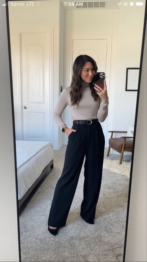 Black Pants And Flats Outfit, Simple Business Outfits Women, Casual Outfit With Slacks, Ap Seminar Outfits, Social Worker Interview Outfit, Female Court Attire, Deca Business Outfits, Business Casual Outfits Slacks, Law Firm Outfits Women Winter