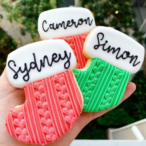 Allison Medina on Instagram: “These custom stockings are one of my favorite options.. talk about a stocking stuffer! 😉 • • • • • • #christmas #christmascookies…” Christmas Stocking Cookies Royal Icing, Stocking Sugar Cookies Decorated, Stocking Cookies, Christmas Stocking Cookies, Custom Stocking, Cutout Sugar Cookies, Personalized Stockings, Christmas Cookies Decorated, Christmas Hat