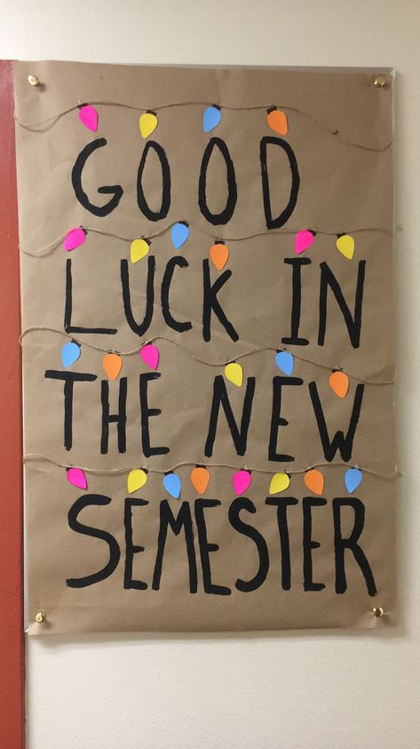 Stranger Things 'Good luck in the new semester!' Halloween Classroom Door, College Bulletin Boards, Ra Boards, New Semester, Ra Bulletin Boards, Stranger Things Halloween, Halloween Classroom, Ra Ideas, School Nurse