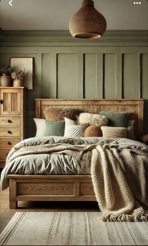 Sage Green Country Bedroom, Bedroom Green Palette, Sage Green And Burnt Orange Bedroom Ideas, Sage Green Loft Bedroom, Mustard Color Bedroom Ideas, Earthy Bedroom Colors, Bedrooms With Green Walls, Fall Colors Bedroom, Pistachio Bedroom