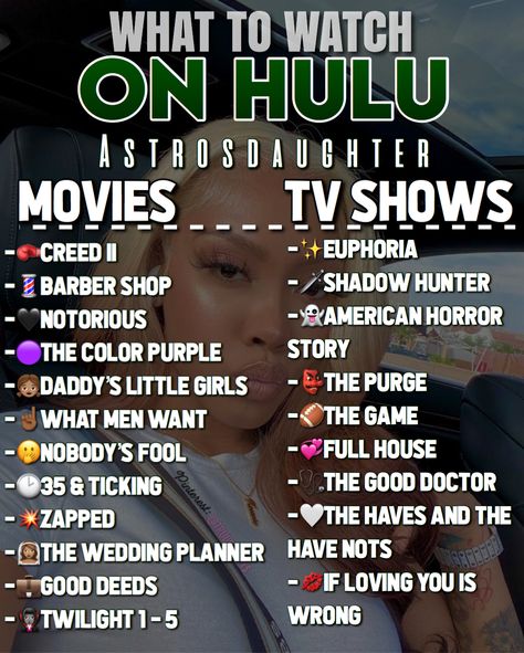 Hulu Watch List, Good Hulu Shows, Best Hulu Movies, Black Tv Shows To Watch, Black Youtubers To Watch, Hulu Suggestions, Hulu Shows To Watch List, Hulu Movies To Watch List, Hulu Recommendations