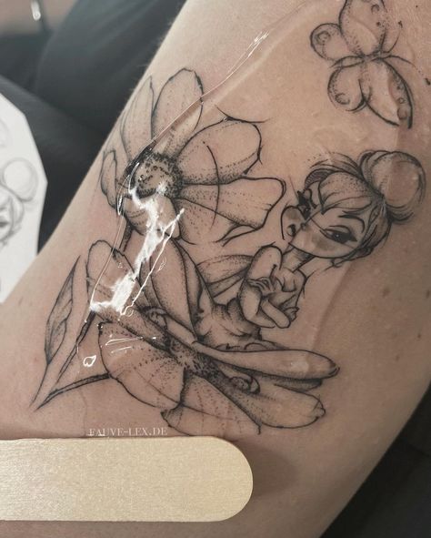 Fairy Tattoo Designs Black Women, Tinkerbell Ankle Tattoo, Goth Tinkerbell Tattoo, Disney Fairy Tattoo, Black Tinkerbell Tattoo, Tinkerbell Tattoo Sassy, Tinkerbell Wings Tattoo, Tinker Bell Tattoos, Tooth Fairy Tattoo