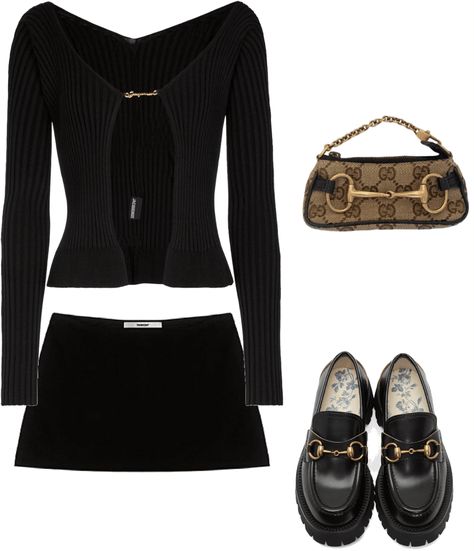 Outfit Ideas Shoplook, Gucci Outfit Ideas, Outfit Ideas With Black Skirt, Gucci Aesthetic Outfit, Outfit Ideas With Loafers, Mini Black Skirt Outfit, Outfit Ideas Mini Skirt, Gucci Loafers Outfit, Outfits With Mini Skirts