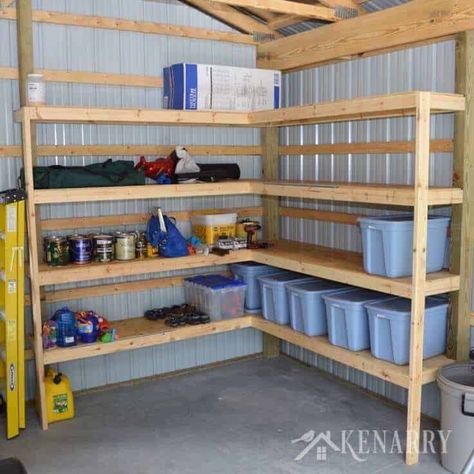 19 Ideas and Plans on How to Build Shed Storage Shelves Shed Storage Shelves, Diy Corner Shelves, Diy Corner Shelf, Shed Shelving, Corner Storage Shelves, Diy Storage Shelves, Storage Shed Organization, Barn Storage, Garage Storage Shelves