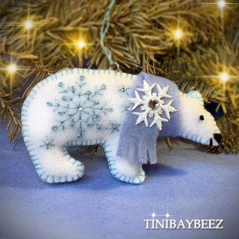 Polar Bear Ornament-Embroidered Felt Polar Bear Cub Ornaments Set of 2 – Shop Tinibaybeez Felt Polar Bear, Diy Felt Christmas Ornaments, Polar Bear Ornaments, Felt Ornaments Patterns, Felt Crafts Christmas, Embroidered Stars, Felt Christmas Decorations, Felt Ornament, Bear Cub