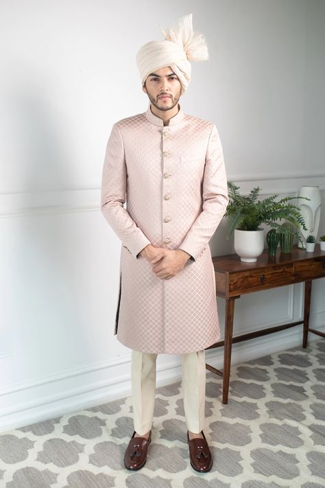 Buy Contrast By Parth Peach Jacquard Embossed Sherwani Set Online | Aza Fashions Kurta And Pants, Sherwani For Men, Add Sleeves, Indian Wedding Wear, Wear Store, Shadow Play, Silk Pants, Fashion App, Sherwani