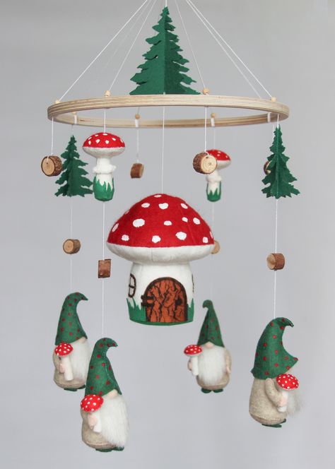 Gnome Nursery Theme, Gnome Nursery, Gnomes And Mushrooms, Mushroom Nursery, Cottagecore Baby, Mobile Ideas, Neutral Crib, Woodland Mobile, Nursery Woodland