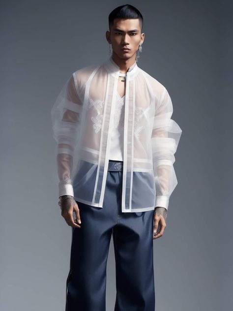 Modern Barong Men, Avant Garde Mens Fashion, Modern Barong, Transparent Outfit, Fashion Sketches Men, Long Coat Men, High Fashion Men, Spring Outfits Men, Concept Clothing