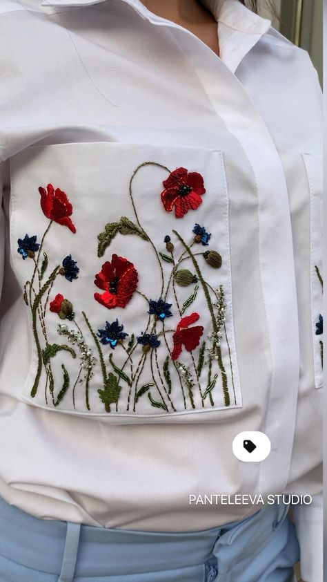 Embroidery Shirt Men, Embroidery Jeans Diy, Silk Ribbon Embroidery Patterns, Kurti Sleeves Design, Flower Machine Embroidery Designs, Textile Art Embroidery, Embroidery On Kurtis, Diy Embroidery Designs, Kurti Embroidery Design