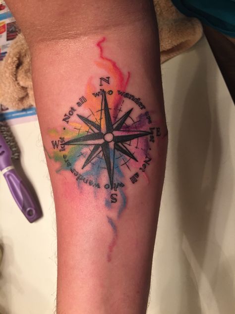 Colorful Compass Tattoos For Women, All Who Wonder Arent Lost Tattoo, Not All Those Who Wander Are Lost Tattoo, Not All Who Wander Are Lost Tattoo, Wanderer Tattoo, Feminine Compass Tattoo, Lost Tattoo, Butterfly Wrist Tattoo, Cactus Tattoo