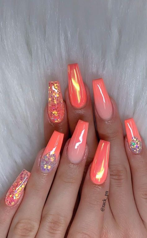 Coral Nails With Design, Acrylic Coffin Nails, Peach Nails, Coral Nails, Acrylic Coffin, Summer Acrylic Nails, Acrylic Nail Art, Fabulous Nails, Coffin Nails Designs