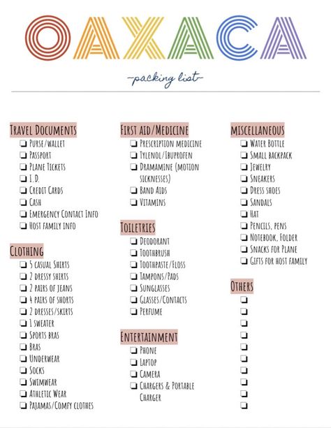 Study Abroad Packing List! #oaxaca #oaxacamexico #mexico #studyabroad #packinglist #packing What To Pack For Oaxaca, Oaxaca Trip Outfit, Oaxaca Mexico Outfits, Study Abroad Packing List, Study Abroad Packing, Abroad Packing List, Mexico Packing List, Motion Jewelry, Outfits For Mexico