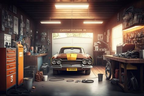 Vintage Car Garage, Electronic Store, Car Shed, Set Background, Mechanical Workshop, Car Workshop, Workshop Design, Driving Photography, Hill Climb