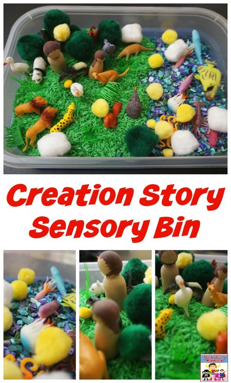 Religious Sensory Bin, Creation Story Activities Preschool, Prek Creation Activities, Creation Story Sensory Bin, Creation Theme Preschool, What Is The Bible For Preschoolers, Creation Sensory Activities, Bible Story Activities For Preschoolers, Creation Bible Story Craft