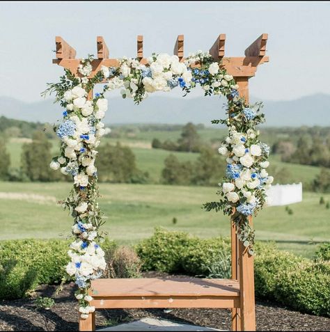 Hydrangea Arbor, Blue And White Wedding Arch Flowers, Blue And White Flower Arch Wedding, Blue And White Flower Arch, Blue Hydrangea Wedding Arbor, Dusty Blue Floral Arch, Baby Blue Wedding Theme, Jessica Hall, Ceremony Arbor