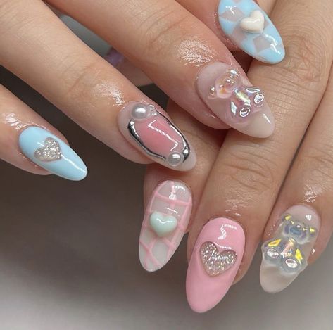 Korean 3d Nail Art, Keroppi Nails, Pink Blue Nails, Hippie Nails, Cute Gel Nails, Soft Nails, Kawaii Nails, 3d Nail, Funky Nails