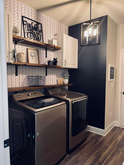 Black Washer Dryer, Single Wide Trailer Remodel, Laundry Closet Makeover, Mobile Home Renovations, Small Laundry Room Makeover, Dream Laundry Room, Mudroom Laundry Room, Mobile Home Living, Laundry Room Renovation