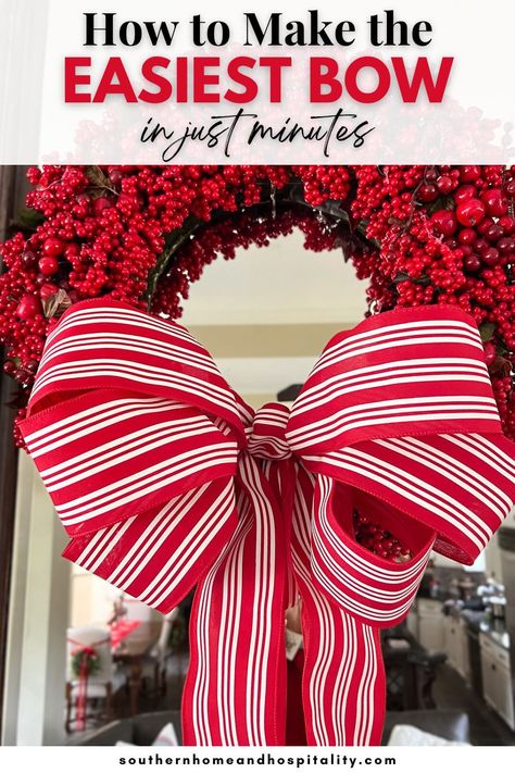 An easy tutorial for how to make a simple wreath bow. Change the look of a wreath or decor for any season with a beautiful new bow anyone can make! Christmas Wreath Bow Ideas, How To Make Red, Window Wreath, Christmas Wreath Bows, Ribbon On Christmas Tree, Christmas Decor Inspiration, Homemade Crafts, Diy Bow, Wreath Bow