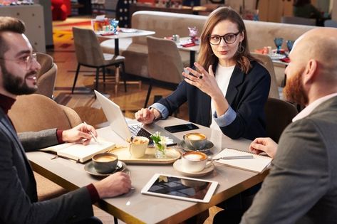 Coffee Cup Cafe, Young Success, Sitting At Table, Business Lunch, Modern Cafe, Corporate Portrait, Partner Work, Outdoor Cafe, Photo Grouping