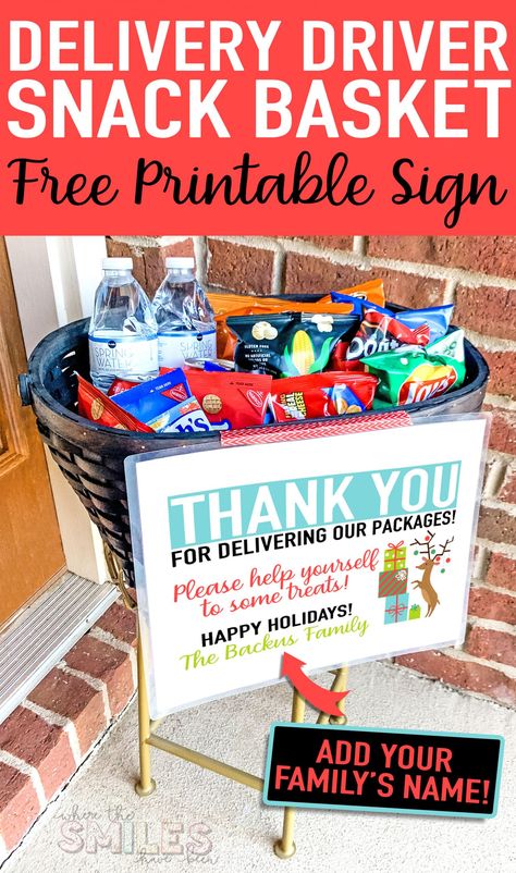 FREE Delivery Driver Snack Basket Printable Sign: Add Your Family's Name. Delivery Person Snack Basket Sign, Delivery Driver Snack Basket Sign, Delivery Driver Snack Basket, Delivery Driver Snack Sign, Basket Printable, Thank You Baskets, Snack Basket, Delivery Driver, Happy Thanksgiving Quotes