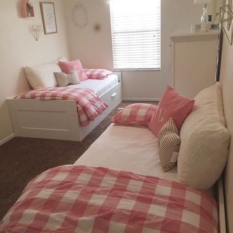 Small Bedroom Ideas For Twin Beds | Design Corral Ikea Girls Bedroom, Small Teenage Bedroom, Ikea Room Ideas, Ikea Beds, Twin Girl Bedrooms, Shared Girls Room, Pink Girl Room, Shared Bedroom