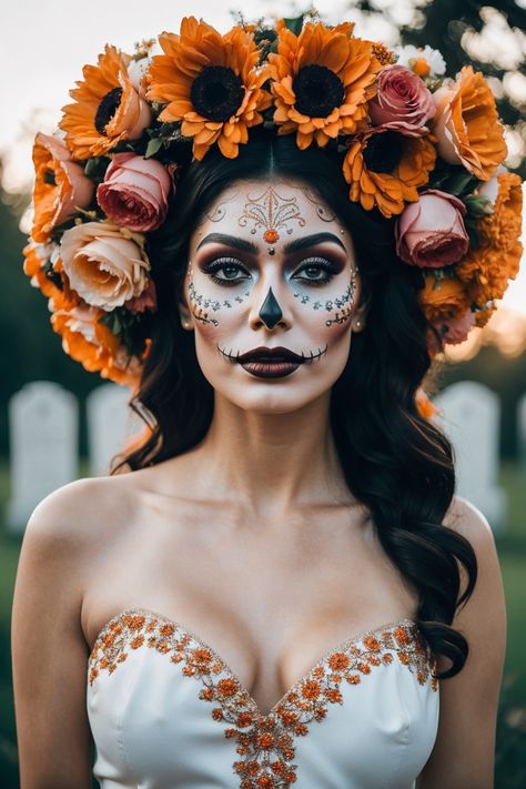 Candy Skull Makeup Halloween, Sugar Skull Hair Ideas, Subtle Dia De Los Muertos Makeup, Glam Catrina Makeup, Sugar Skull Outfit Ideas, Day Of The Dead Makeup Couples, Day Of The Dead Womens Costume, Day Of The Dead Headpiece Diy, Catrina Headpiece Diy