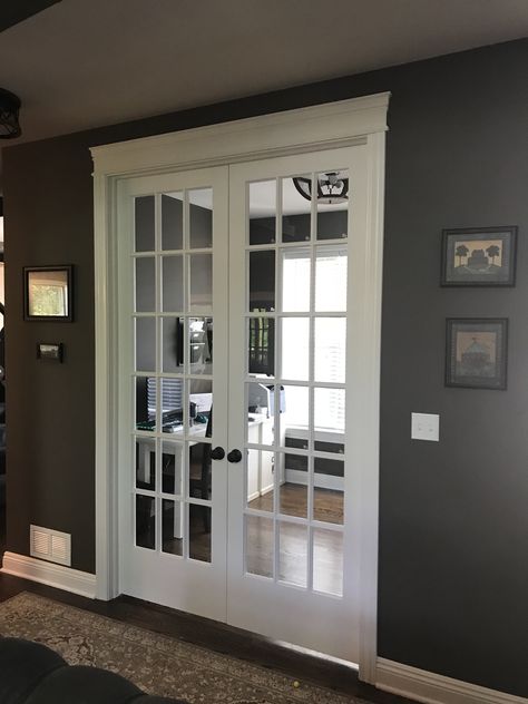 Home Office Ideas With French Doors, Double French Doors Office, Statement French Doors, White French Doors Office, French Doors To Living Room, Modern French Doors Interior Frosted, White French Doors Living Room, Basement Office French Doors, White French Doors Interior