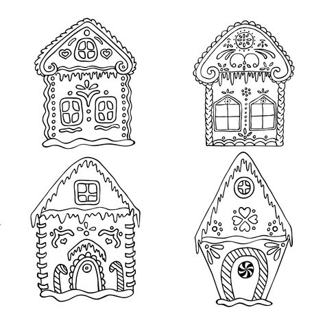 Download Gingerbread house sketch. Set of vector hand drawn gingerbread houses. Black and white colors. for free Gingerbread House Drawing, House Line Art, White Gingerbread House, Village Drawing, Diy Coloring Books, Gingerbread Cards, Drawing Black And White, House Colouring Pages, Christmas Paintings On Canvas