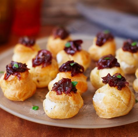 This stunning savoury choux pastry recipe is perfect for impressing your party guests. | Tesco Choux Pastry Recipe, Onion Buns, Grand Dessert, Tea Buffet, Christmas Canapes, Choux Buns, Xmas Recipes, Canapes Recipes, Buffet Ideas