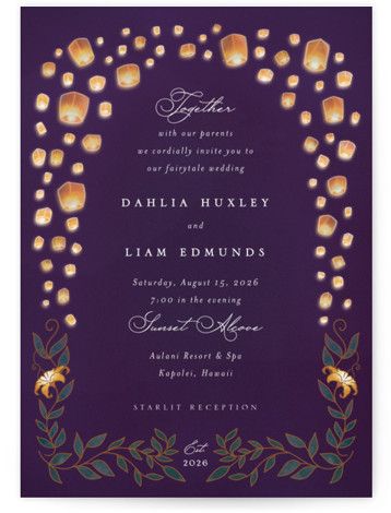 Created for you by Minted’s global community of designers our invitation designs will set the perfect tone for your wedding day. With unique designs printed on luxe paper all wedding invitations are available with several matching accessories. If you have any questions or special requests for your invitations please email us . Rapunzel Wedding Theme, Tangled Invitations, Tangled Lanterns, Rapunzel Wedding, Tangled Wedding, Purple Lantern, Dahlias Wedding, Modern Chic Wedding, Qr Code Wedding