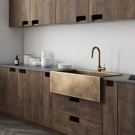 Small Scandinavian Kitchen, Brass Kitchen Sink, Kitchen Basin, Scandinavian Kitchen Design, Bronze Kitchen, Scandinavian Kitchen, Kitchen Room Design, Wooden Cabinets, Kitchen Projects