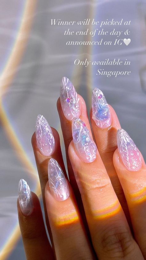 Simple Jellyfish Nail Art, Avatar Themed Nails, Clear 3d Nails, Water Ripple Nails, Rain Inspired Nails, Simple Fairy Nails, Fairy Almond Nails, Purple Ethereal Nails, Wisteria Nail Art