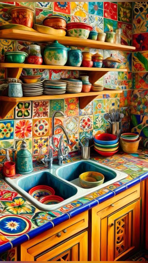 Hand Painted Mexican Tiles, Bright Mexican Color Palette, Mexican Backsplash Kitchen, Mexican Theme Kitchen, Mexican Kitchen Decor Modern, Mexican Color Scheme, Portuguese Tiles Kitchen, Lux Packaging, Mexican Style Kitchens Ideas