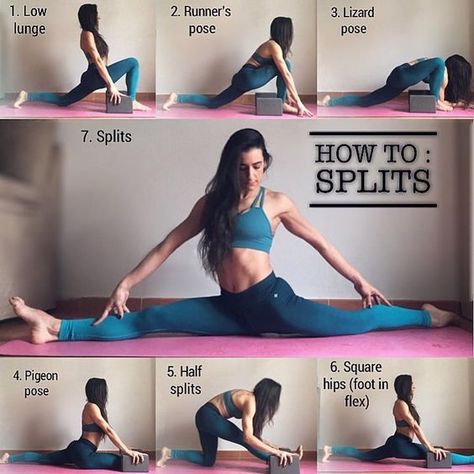 The full splits require hamstring and quad flexibility (among other things) while keeping the hips square. Save this for a short routine… Do Splits, Vinyasa Yoga Poses, Latihan Dada, Yoga Handstand, Yoga Kundalini, How To Do Splits, Latihan Yoga, Yoga Tutorial, Partner Yoga