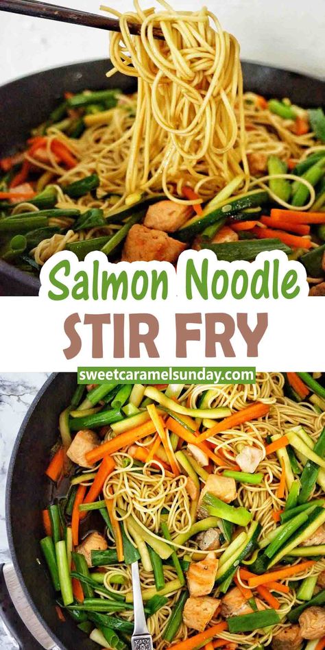 Fried Salmon Recipes, Stir Fry Noodles Recipe, Salmon Noodles, Salmon Stir Fry, Salmon Vegetables, Rice Noodle Recipes, Noodle Stir Fry, Salmon And Broccoli, Prep Meals