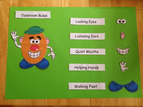 Classroom Rules - Mr Potato Head Junior Infants Classroom Display, Junior Infants Classroom, Head Start Classroom Ideas, Prek Classroom Rules Chart, Mr Potato Head Classroom Rules, Mr Potato Head Behavior Management, Diy Mr Potato Head Felt Board, Pre K Classroom Rules Poster, Kindergarten Classroom Rules