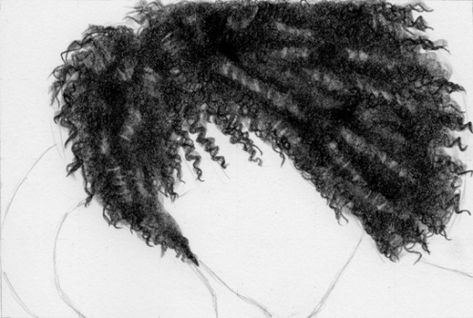 2b spirals, tortillon, 4b shadows, tortillon, 6b shadows, tortitton, fine point kneeded eraser highlights along each curl, 3b details around edges in zig-zag line, light tortillon Jheri Curl, African American Hair, Copper Balayage, Natural African American Hairstyles, Drawing Hair, African American Wigs, Human Figure Drawing, Ethnic Hairstyles, Hair Techniques