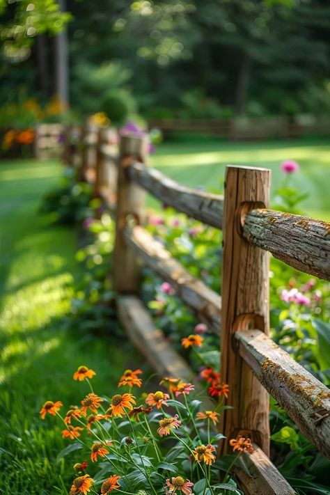 Split Rail Fence Landscaping Ideas for Your Yard Log Cabin Fence Ideas, Split Rail Fence With Gate, Split Rail Fence Ideas Landscaping, Rustic Fence Ideas Country Living, Garage Landscaping Ideas, Split Rail Fence Landscaping, Farm Landscaping Ideas, Log Fence Ideas, Rustic Landscape Ideas