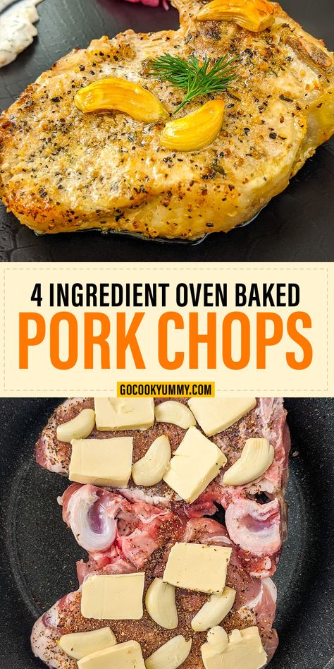 Take your dinner to new heights with our 4 Ingredient Oven Baked Pork Chops – a delectable union of boneless pork chops, zesty lemon pepper, buttery goodness, and fragrant fresh garlic. This recipe promises a mouthwatering meal that's easy to whip up, whether it's a typical weeknight or a cherished occasion. Impress your loved ones now! Tender Baked Pork Chops, Lemon Pepper Pork Chops, Pork Chops Baked, Baked Boneless Pork Chops, Pork Cutlet Recipes, Oven Pork Chops, Healthy Pork Recipes, Easy Baked Pork Chops, Boneless Pork Chop Recipes